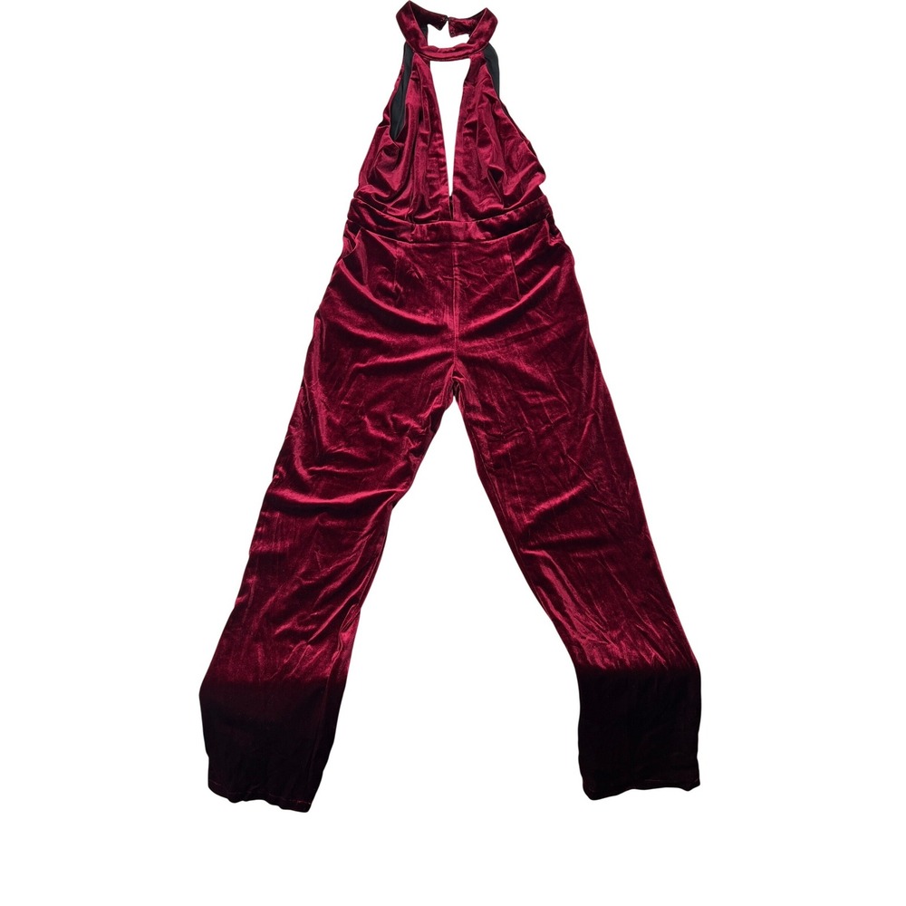 Sunset + Spring Velvet Halter Jumpsuit Size L Burgundy Deep V Plunge Glam Party